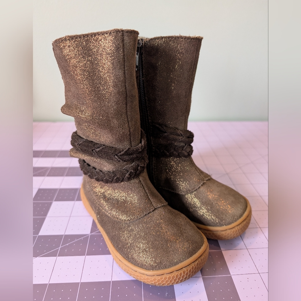 Livie & Luca Sparkly Brown Zip Up Leather Boots Calf Height Girls Toddler 7
